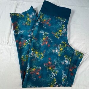 Lands End Womens Active Yoga Pants Teal Floral Straight Leg Size S 6-8